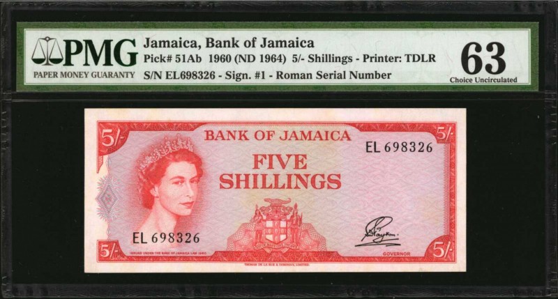 JAMAICA

JAMAICA. Bank of Jamaica. 5 Shillings, 1960 (ND 1964). P-51Ab. PMG Ch...