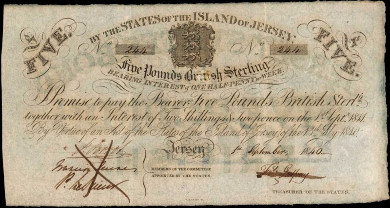 JERSEY

JERSEY. States of the Island of Jersey. 5 Pounds, 1840. P-A1b. Very Fi...