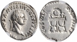 Domitian, A.D. 81-96

DOMITIAN, A.D. 81-96. AR Denarius, Rome Mint, A.D. 81. NGC EF.

RIC-48; RSC-570/1. Obverse: Laureate head right; Reverse: Wr...