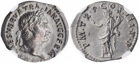 Trajan, A.D. 98-117

TRAJAN, A.D. 98-117. AR Denarius, Rome Mint, A.D. 100. NGC Ch AU.

RIC-38; RSC-222. Obverse: Laureate head right; Reverse: Pa...