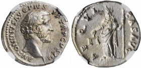 Antoninus Pius, A.D. 138-161

ANTONINUS PIUS, A.D. 138-161. AR Denarius, Rome Mint, ca. A.D. 141-143. NGC Ch EF. Brushed.

RIC-61; RSC-13. Obverse...