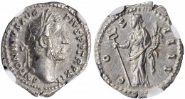 Antoninus Pius, A.D. 138-161

ANTONINUS PIUS, A.D. 138-161. AR Denarius, Rome Mint, A.D. 148-149. NGC AU.

RIC-178; RSC-252. Obverse: Laureate hea...