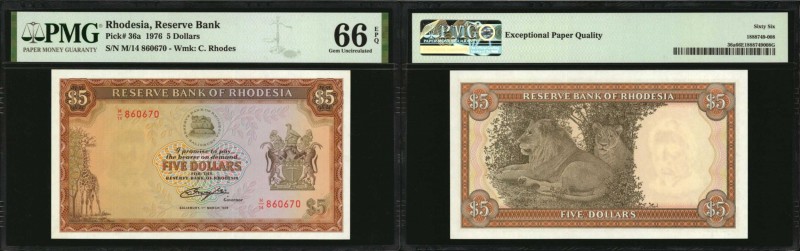 RHODESIA

RHODESIA. Reserve Bank of Rhodesia. 5 Dollars, 1976. P-36a. PMG Gem ...