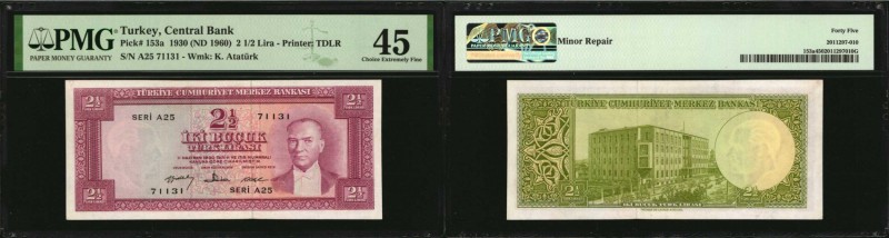 TURKEY

TURKEY. Central Bank. 2 1/2 Lira, 1930 (ND 1960). P-153a. PMG Choice E...