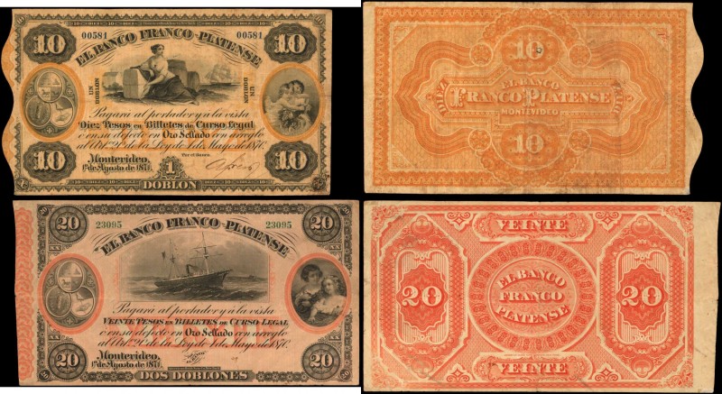 URUGUAY

URUGUAY. Lot of (2) Banco Franco-Platense. 10 & 20 Pesos, 1870. P-S17...