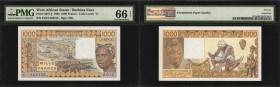 WEST AFRICAN STATES

WEST AFRICAN STATES. Banque Centrale Des Etats De L'Afrique De L'Ouest. 1000 Francs, 1986. P-307Cg. PMG Gem Uncirculated 66 EPQ...