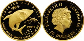 AUSTRALIA

AUSTRALIA. Gold 50 Dollars, 2007-P. Perth Mint. NGC PROOF-70 Ultra Cameo.

Fr-B60. AGW: .5 oz. Discover Series, featuring a great white...