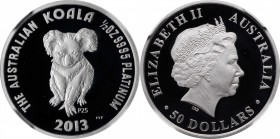 AUSTRALIA

AUSTRALIA. Platinum 50 Dollars, 2013-P. Perth Mint. NGC PROOF-70 Ultra Cameo.

APtW: 0.5 oz. 25th Anniversary issue, featuring a koala....