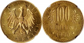 AUSTRIA

AUSTRIA. 100 Schilling, 1930. Vienna Mint. NGC PROOFLIKE-62.

Fr-520; KM-2842. A few spots are noted on the obverse and reverse, but an o...