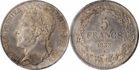 BELGIUM

BELGIUM. 5 Franc, 1833. Leopold I. PCGS MS-63 Gold Shield.

KM-3.1; Eeckhout-NBFB-122. Position B on edge. An attractive coin exhibiting ...