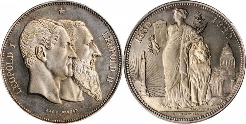 BELGIUM

BELGIUM. Medallic Silver 5 Francs, 1880. Leopold II. PCGS MS-64 Gold ...