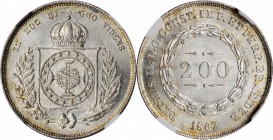 BRAZIL

BRAZIL. Empire. 200 Reis, 1867. Pedro II. NGC MS-66+.

KM-469. Exceeded across both services by just a few examples, this tremendous Gem m...