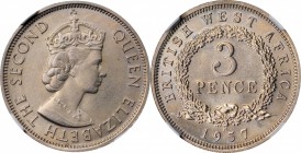 BRITISH WEST AFRICA

BRITISH WEST AFRICA. 3 Pence, 1957-H. Heaton Mint. NGC MS-65.

KM-35. A subtle gray specimen, this Gem also features a lustro...