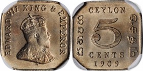 CEYLON

CEYLON. 5 Cents, 1909. London Mint. NGC MS-66.

KM-103; Prid-185. An unusual square issue, with light toning and full frosty luster.

Es...