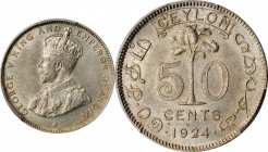 CEYLON

CEYLON. 50 Cents, 1924. Calcutta Mint. PCGS MS-63 Gold Shield.

KM-109a. This choice minor presents lustrous radiance and a subtle golden-...