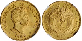COLOMBIA

COLOMBIA. 5 Pesos, 1924. Medellin Mint. NGC MS-63.

Fr-115; KM-204. Small 4 in date. Vibrant and radiant, this lustrous example offers a...