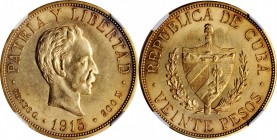 CUBA

CUBA. 20 Pesos, 1915. Philadelphia Mint. NGC AU-58.

Fr-1; KM-21. A lightly handled yet nevertheless entirely brilliant example of this popu...