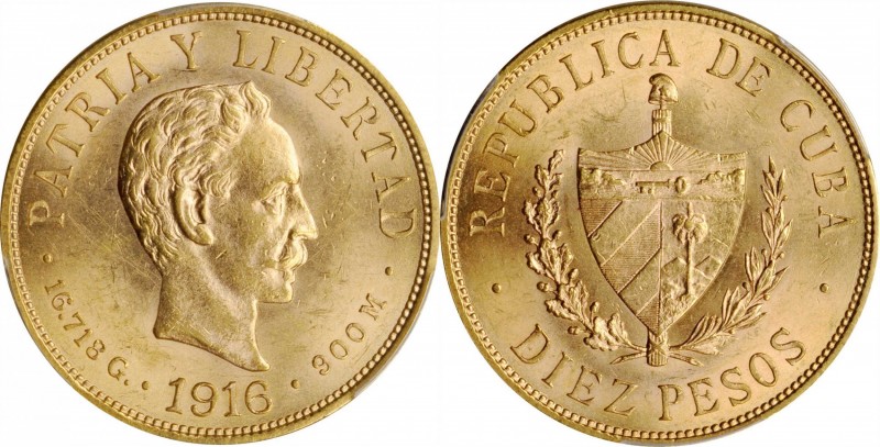 CUBA

CUBA. 10 Pesos, 1916. Philadelphia Mint. PCGS MS-62 Gold Shield.

Fr-3...
