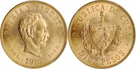 CUBA

CUBA. 10 Pesos, 1916. Philadelphia Mint. PCGS MS-62 Gold Shield.

Fr-3; KM-20. Quite vibrant and alluring, this shimmering, near choice spec...