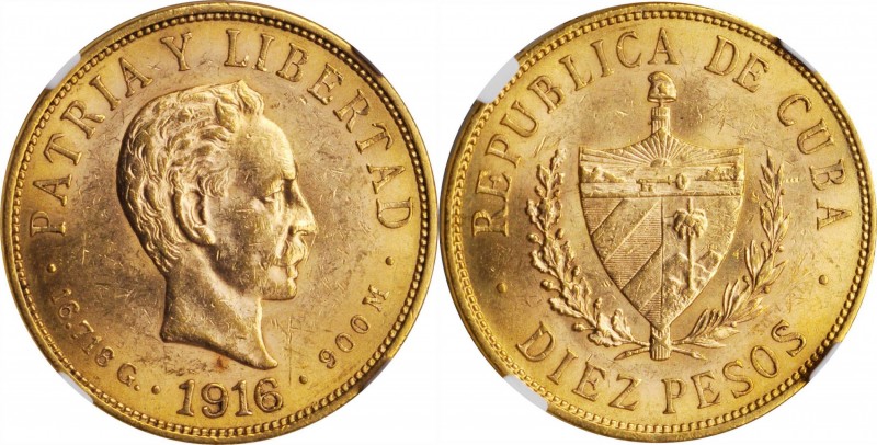 CUBA

CUBA. 10 Pesos, 1916. Philadelphia Mint. NGC MS-61.

Fr-3; KM-20. Some...