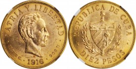 CUBA

CUBA. 10 Pesos, 1916. Philadelphia Mint. NGC MS-61.

Fr-3; KM-20. Some scattered bag marks are noted on this shimmering, golden-orange examp...