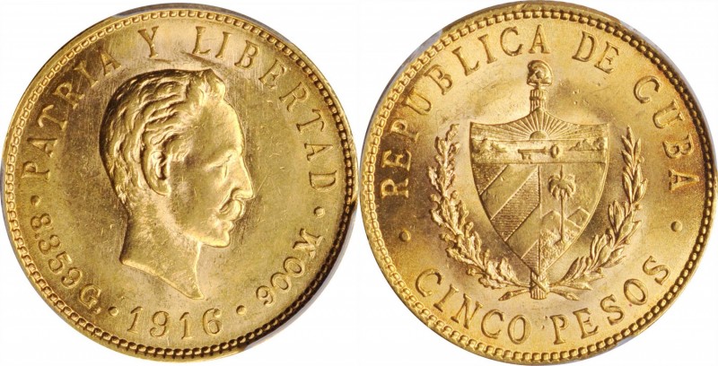 CUBA

CUBA. 5 Pesos, 1916. Philadelphia Mint. PCGS MS-63 Gold Shield.

Fr-4;...