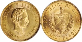 CUBA

CUBA. 5 Pesos, 1916. Philadelphia Mint. PCGS MS-63 Gold Shield.

Fr-4; KM-19. This choice piece featuring the bust of Jose Marti presents gr...