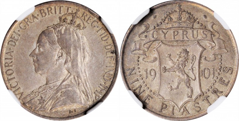 CYPRUS

CYPRUS. 9 Piastres, 1901. NGC AU-58.

KM-6; Prid-10. A difficult one...