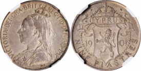 CYPRUS

CYPRUS. 9 Piastres, 1901. NGC AU-58.

KM-6; Prid-10. A difficult one-year type coin, this issue emanates from the final year of reign for ...