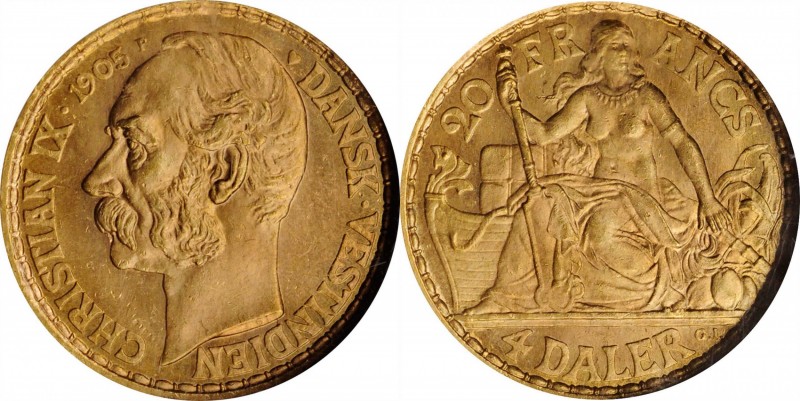 DANISH WEST INDIES

DANISH WEST INDIES. 4 Daler (20 Francs), 1905-P. NGC MS-64...
