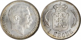 DENMARK

DENMARK. Krone, 1915-VBP AH. PCGS MS-66 Gold Shield.

KM-819. Nearly entirely blast white save for its lightly golden peripheries, this s...
