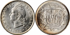 DOMINICAN REPUBLIC

DOMINICAN REPUBLIC. 25 Centavos, 1952. PCGS MS-65 Gold Shield.

KM-20. A highly lustrous Gem with traces of pleasing almond pe...