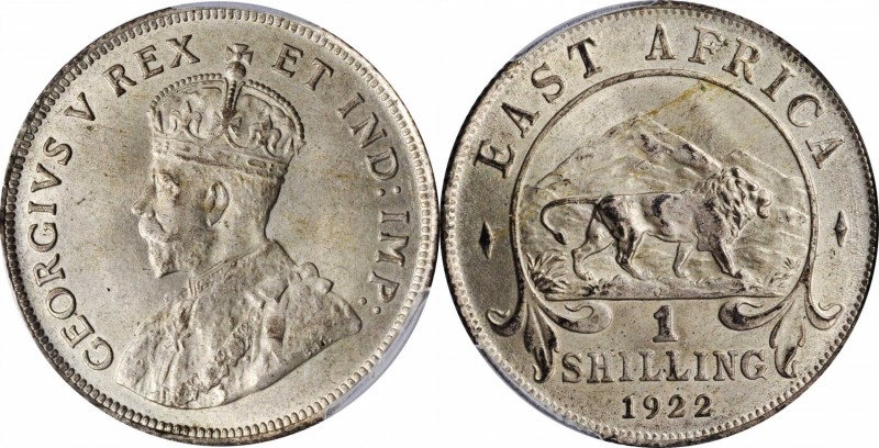 EAST AFRICA

EAST AFRICA. Shilling, 1922-H. Heaton Mint. PCGS MS-63 Gold Shiel...