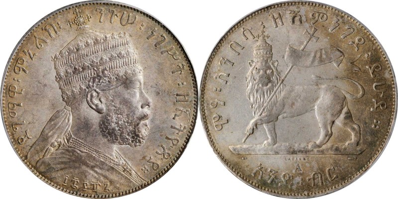 ETHIOPIA

ETHIOPIA. Birr, EE 1887-A (1895). Paris Mint. Menelik II. PCGS AU-58...