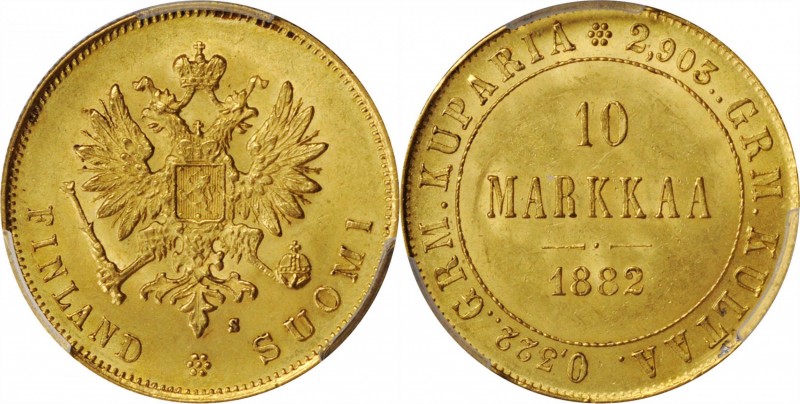 FINLAND

FINLAND. 10 Markkaa, 1882-S. Helsinki Mint. PCGS MS-64 Gold Shield.
...