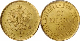 FINLAND

FINLAND. 20 Markkaa, 1913-S. Helsinki Mint. PCGS MS-64 Gold Shield.

Fr-3; KM-9.2. A robust and radiant near-Gem with solid cartwheel bri...