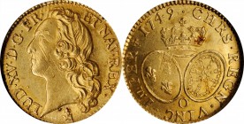 Louis XV and earlier (through 1774)

FRANCE. Louis d'Or, 1749-O. Riom Mint. Louis XV. NGC MS-63.

Fr-464; KM-513.15; Gad-341. Mintage: 3,766. A lu...