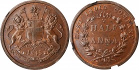 British India

INDIA. 1/2 Anna, 1845-(C). Calcutta Mint. Victoria. NGC MS-63 Brown.

KM-447.1; S&W-2.59. Type with serif and broken crossbar on 4....