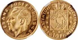 LIECHTENSTEIN

LIECHTENSTEIN. 10 Franken, 1946-B. Bern Mint. NGC MS-65.

Fr-18; KM-Y-13. A delightful one-year type coin, this gold issue stands a...