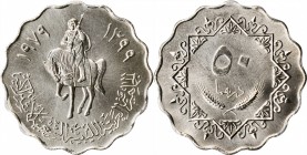 LIBYA

LIBYA. 50 Dirhams, AH 1399//1979. PCGS SPECIMEN-68 Gold Shield.

KM-22. Scallop shaped. Incredibly brilliant and seemingly flawless, this l...