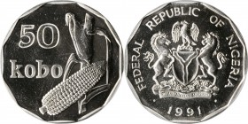 NIGERIA

NIGERIA. 50 Kobo, 1991. PCGS SPECIMEN-67 Gold Shield.

KM-13.1. Just one specimen surpasses the present piece-- a truly stunning Gem with...