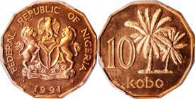 NIGERIA

NIGERIA. 10 Kobo, 1991. PCGS SPECIMEN-66 Red Gold Shield.

KM-12. Tied with a small handful of others for the top spot in the PCGS census...