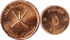 OMAN

OMAN. 5 Baisa, AH 1400 (1980). PCGS SPECIMEN-64 Red Gold Shield.

KM-50. A vibrant, shimmering, red specimen, this alluring near-Gem does ex...