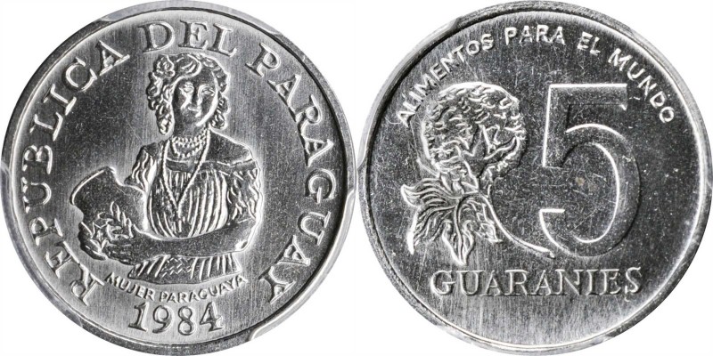 PANAMA

PANAMA. 5 Guaranies, 1984. Llantrisant Mint. PCGS SPECIMEN-68 Gold Shi...
