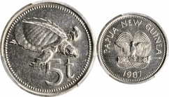 PAPUA NEW GUINEA

PAPUA NEW GUINEA. 5 Toea, 1987. Llantrisant Mint. PCGS SPECIMEN-66 Gold Shield.

KM-3. A great animal type featuring the pig-nos...