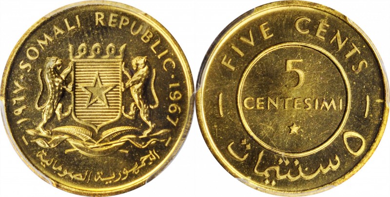 SOMALIA

SOMALIA. 5 Centesimi, 1967. PCGS SPECIMEN-67 Gold Shield.

KM-6. In...