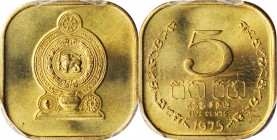 SRI LANKA

SRI LANKA. 5 Cents, 1975. PCGS SPECIMEN-65 Gold Shield.

KM-139. Square shaped. Quite shimmering and brilliant, this brassy Gem present...