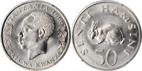TANZANIA

TANZANIA. Nickel 50 Senti Trial Strike, 1966. PCGS SPECIMEN-67 Gold Shield.

cf. KM-3 (for regular issue). Steely gray and shimmering, t...