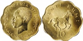 TANZANIA

TANZANIA. 10 Senti, 1977. PCGS SPECIMEN-66 Gold Shield.

KM-11. Scallop shaped. Featuring the plains zebra on the reverse, this shimmeri...