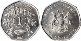 UGANDA

UGANDA. Nickel Shilling Pattern, 1987. Llantrisant Mint. PCGS SPECIMEN-67 Gold Shield.

cf. KM-27/30 (for denomination/planchet). A RARE o...